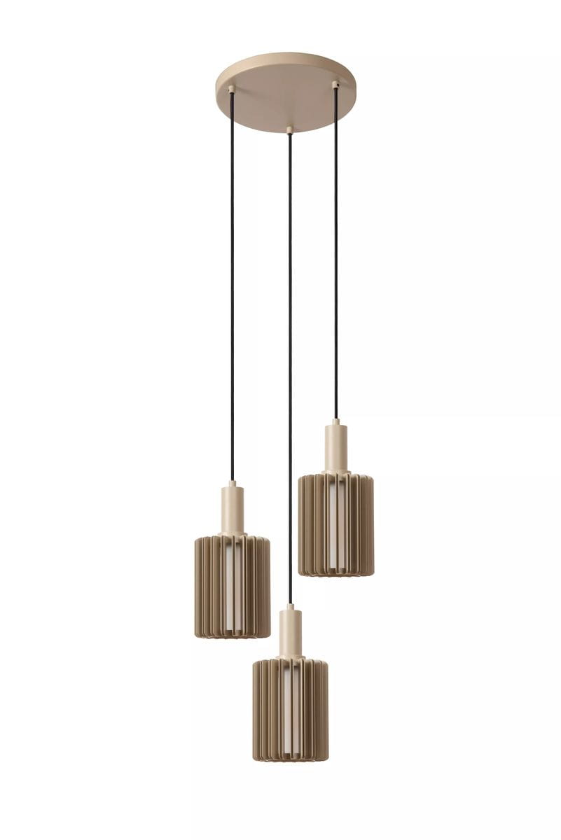 Lambres lampa wisząca w kolorze szarym z trzema kloszami w kształcie cylindrów, zawieszona na czarnych linkach. Klosze mają żłobienia i są umieszczone na białych trzonkach. Lampa montowana sufitowo, idealna do nowoczesnych wnętrz.