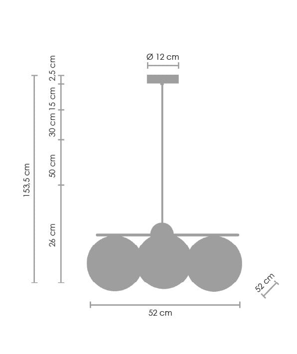 Lampa wisząca Venus 3xE27 w kolorze mosiądzu i białym, z trzema okrągłymi kloszami. Wymiary: wysokość 153,5 cm, szerokość 52 cm, średnica kloszy 12 cm. Montaż sufitowy, minimalistyczny design.