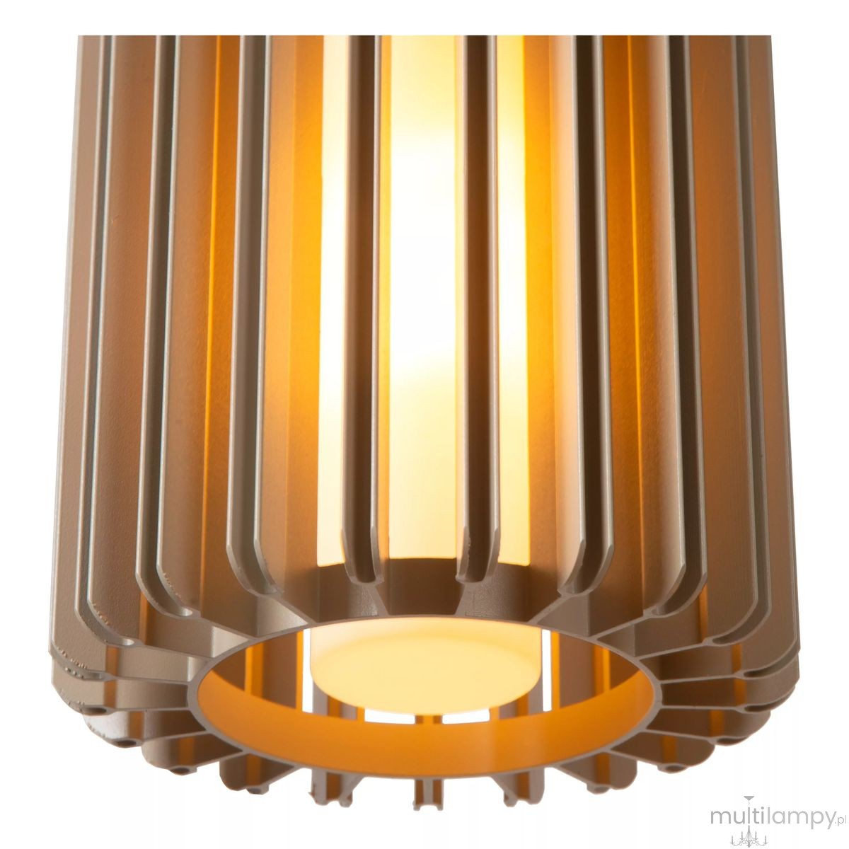 Lambres lampa wisząca 1xE27 w kolorze szarym, o cylindrycznym kształcie z pionowymi żłobieniami. Wewnątrz znajduje się oprawka na żarówkę z matowym kloszem, emitującym ciepłe światło. Ujęcie z bliska, pokazujące detale konstrukcji.