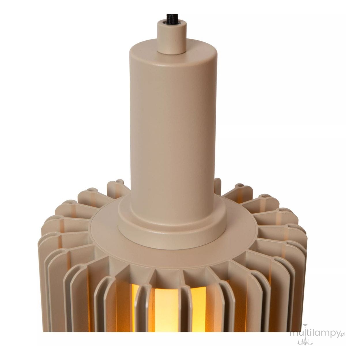 Lambres lampa wisząca 1xE27 w szarym kolorze, z cylindrycznym mocowaniem i teksturowanym kloszem w kształcie żaluzji, widoczna z góry, z delikatnym podświetleniem wewnętrznym.