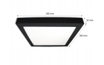 Panel LED natynkowy kwadratowy o wymiarach 28x28 cm, grubość 3 cm, kolor czarny. Gładka, biała powierzchnia emitująca światło o temperaturze 4000K, montowany na suficie. Wymiary widoczne na zdjęciu.