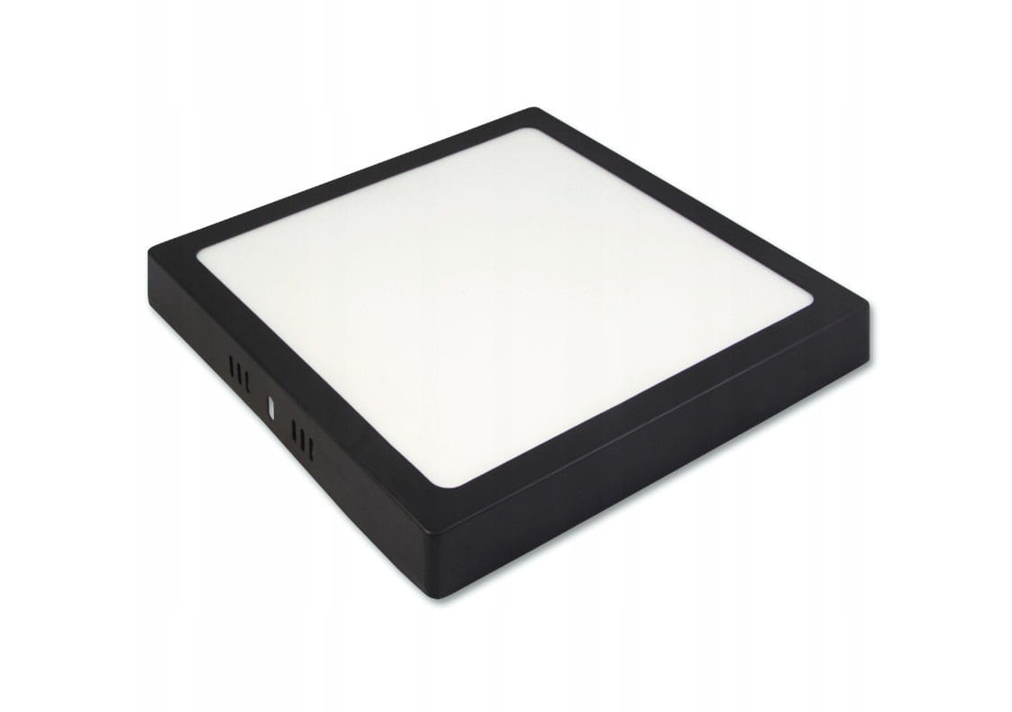 Panel LED natynkowy kwadratowy o wymiarach 21x21 cm, moc 18W, barwa światła 4000K. Czarna ramka z matowym, białym kloszem. Produkt widoczny pod kątem, ukazujący prostokątny kształt i detale wykończenia.