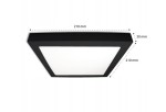 Panel LED natynkowy kwadratowy o wymiarach 21x21 cm, kolor czarny. Grubość 3 cm. Wyposażony w białą, matową powierzchnię, emitującą światło o temperaturze 4000K. Ujęcie z góry, podkreślające kształt i wymiary produktu.