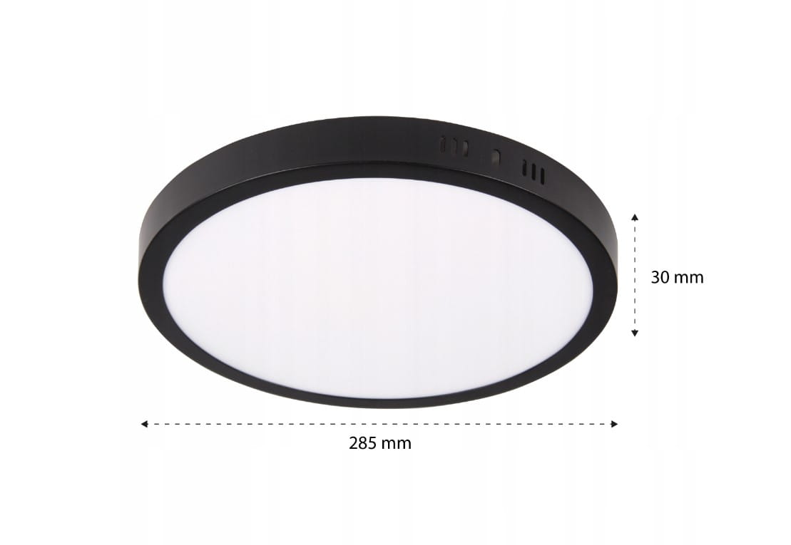Okrągły panel LED o średnicy 285 mm i wysokości 30 mm, w kolorze czarnym. Posiada białą, matową powierzchnię emitującą światło o temperaturze 4000K. Ujęcie z boku, ukazujące detale konstrukcji i kształt.