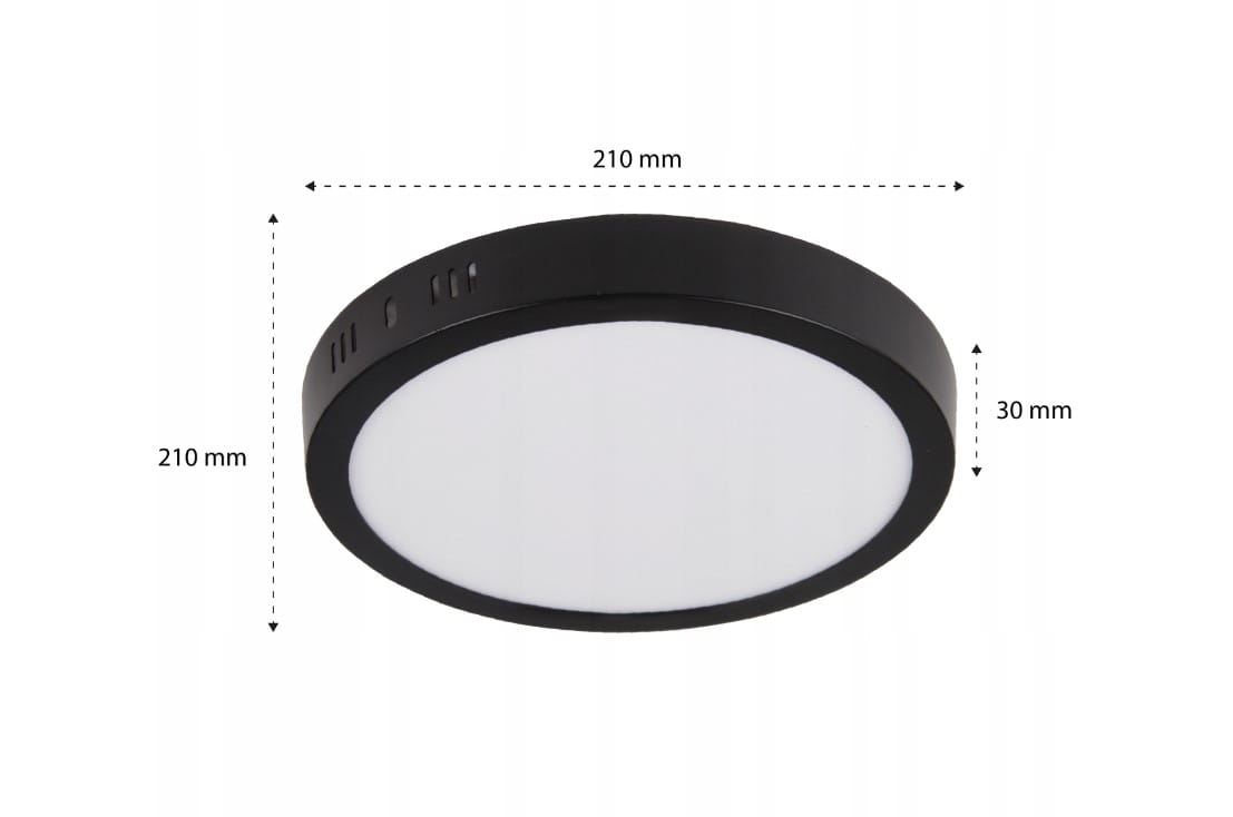 Panel LED natynkowy okrągły o średnicy 210 mm i grubości 30 mm, w kolorze czarnym. Posiada białą, matową powierzchnię oraz widoczne otwory wentylacyjne na boku. Idealny do montażu na sufitach w różnych aranżacjach wnętrz.