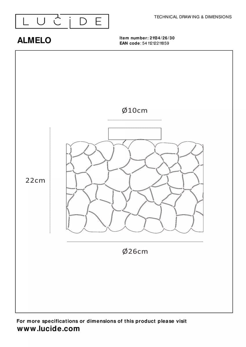 Czarna lampa sufitowa Almelo z oprawą na jedną żarówkę E27. Kształt okrągły o średnicy 26 cm i wysokości 22 cm. Wzór przypominający kamienie, widoczny z góry. Wymiary w rysunku technicznym, prosty design.