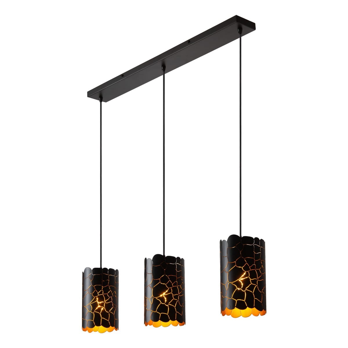 Czarna lampa wisząca Almelo z trzema kloszami E27, zawieszona na prostokątnej, metalowej podstawie. Klosze o strukturze przypominającej zniszczony kamień, emitują ciepłe światło, tworząc unikalny efekt dekoracyjny.
