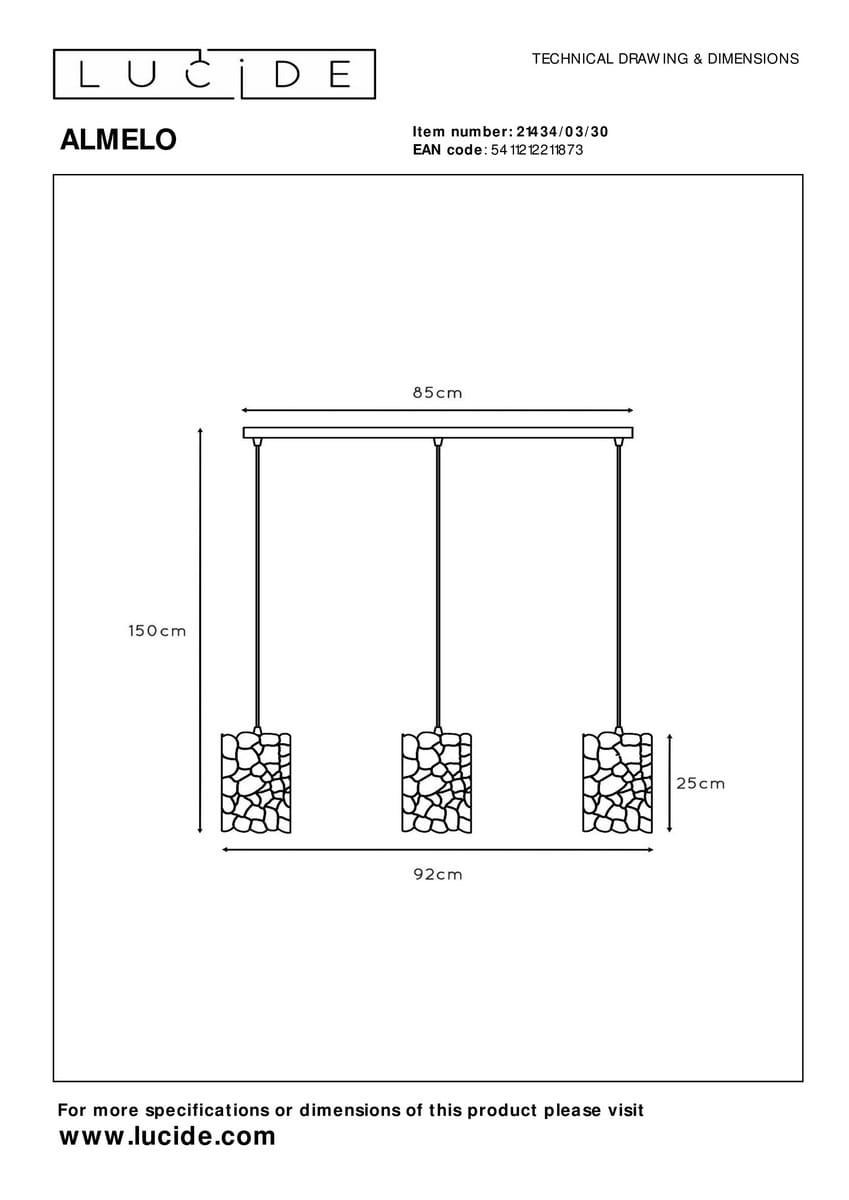 Lampa wisząca Almelo 3xE27 w kolorze czarnym, z trzema prostokątnymi kloszami z dekoracyjnym wzorem kamieni. Wymiary: szerokość 85 cm, wysokość 150 cm, klosze o wymiarach 25 cm. Zawieszona na długich linkach, idealna do nowoczesnych wnętrz.