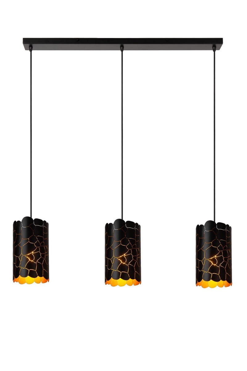 Lampa wisząca Almelo 3xE27 w kolorze czarnym z trzema kloszami o nieregularnym kształcie, z dekoracyjnymi wycięciami, które tworzą efektowne oświetlenie. Montowana na prostokątnej bazie, zwisająca na cienkich linkach.