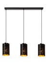 Lampa wisząca Almelo 3xE27 w kolorze czarnym z trzema kloszami o nieregularnym kształcie, z dekoracyjnymi wycięciami, które tworzą efektowne oświetlenie. Montowana na prostokątnej bazie, zwisająca na cienkich linkach.