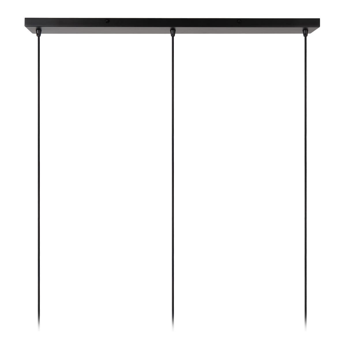 Lampa wisząca Almelo w kolorze czarnym, przeznaczona na 3 żarówki E27. Zawieszona na dwóch cienkich linkach, z prostokątnym, płaskim stelażem. Idealna do nowoczesnych wnętrz, montowana pod sufitem. Tło zdjęcia białe.