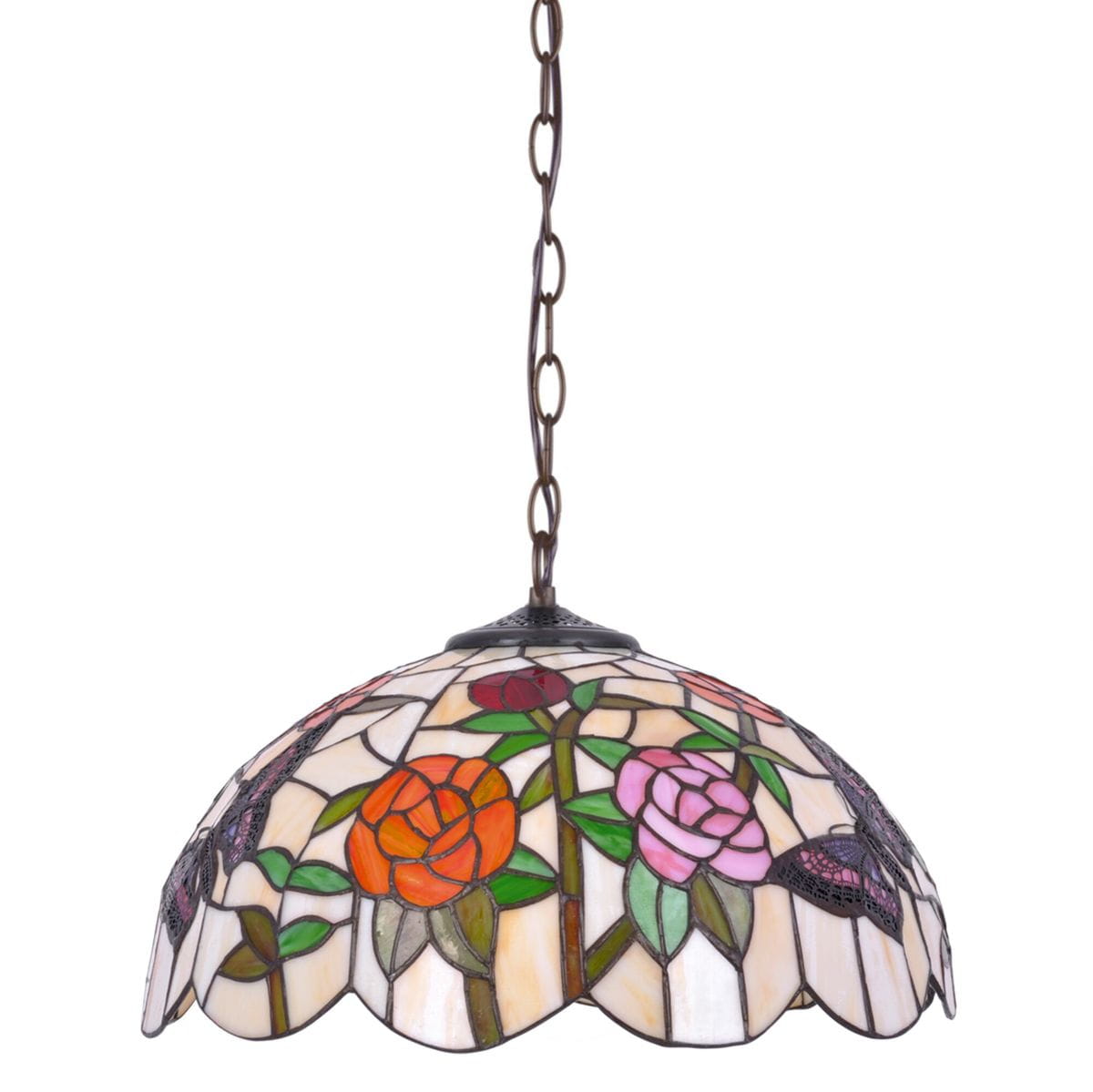 Lampa wisząca Rose z kloszem w multikolorowe wzory róż, wykonana z witrażu, zawieszona na metalowym łańcuchu. Kształt klosza przypomina kwiat, z widocznymi detalami roślinnymi. Pasuje do wnętrz w stylu vintage.