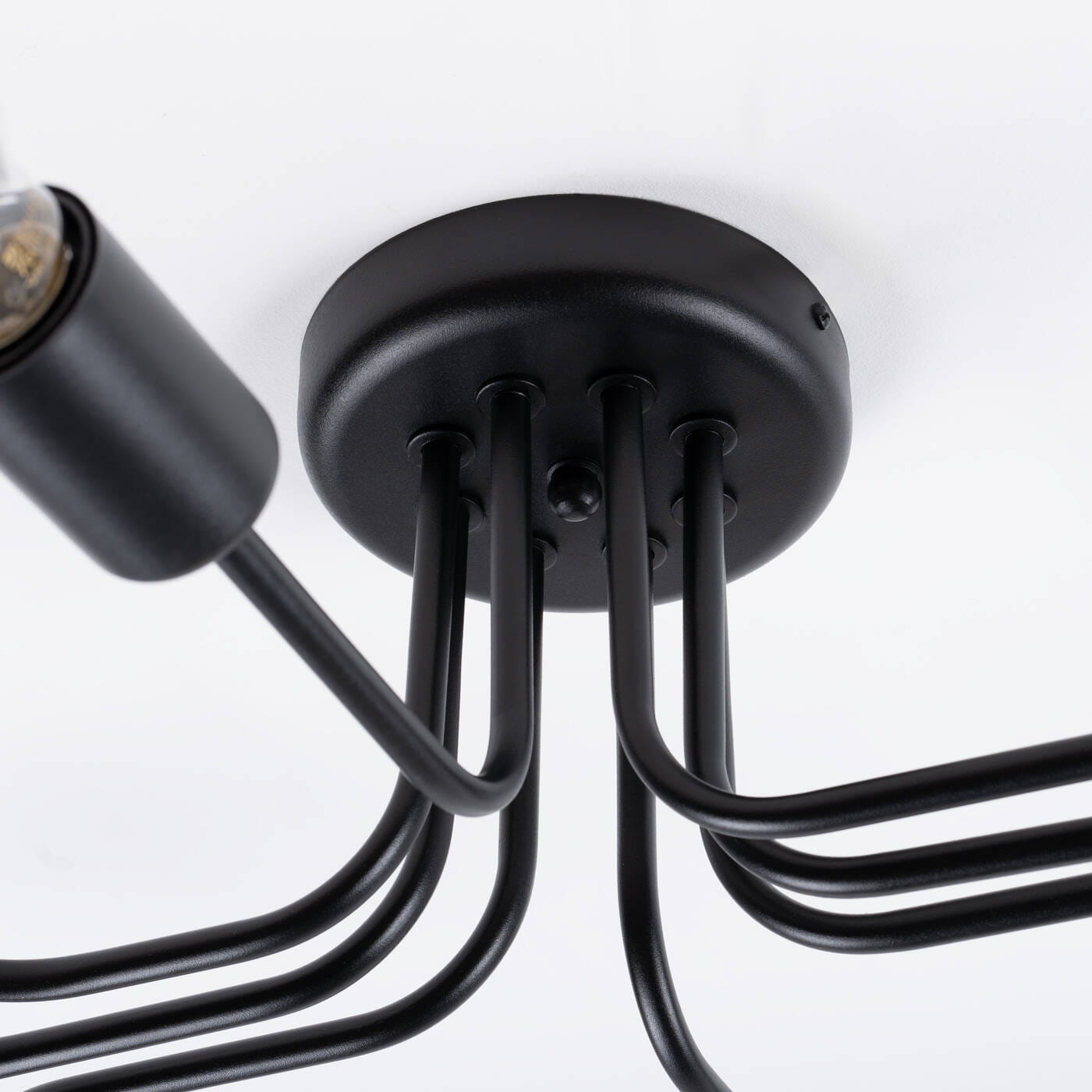 Czarna lampa sufitowa Vector z ośmioma gniazdami E27, z metalowym, okrągłym mocowaniem i sześcioma wygiętymi ramionami. Ujęcie z dołu, ukazujące detale konstrukcji i fakturę materiału.
