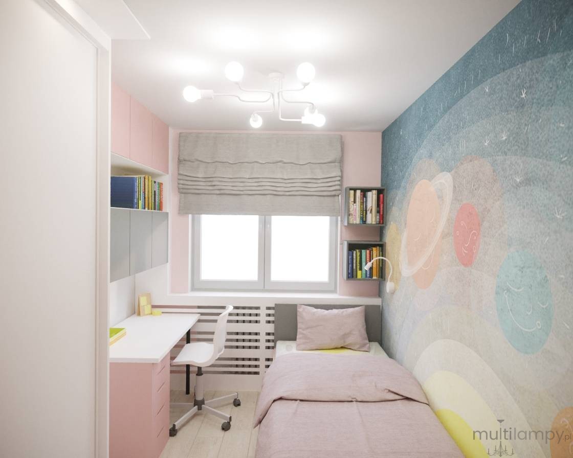 Lampa sufitowa Vector 6xE27 w białym kolorze, z nowoczesnym designem, zamontowana w pokoju. Widoczne pięć kulistych źródeł światła. Otoczenie to różowe meble i kolorowa ściana z motywem planet.