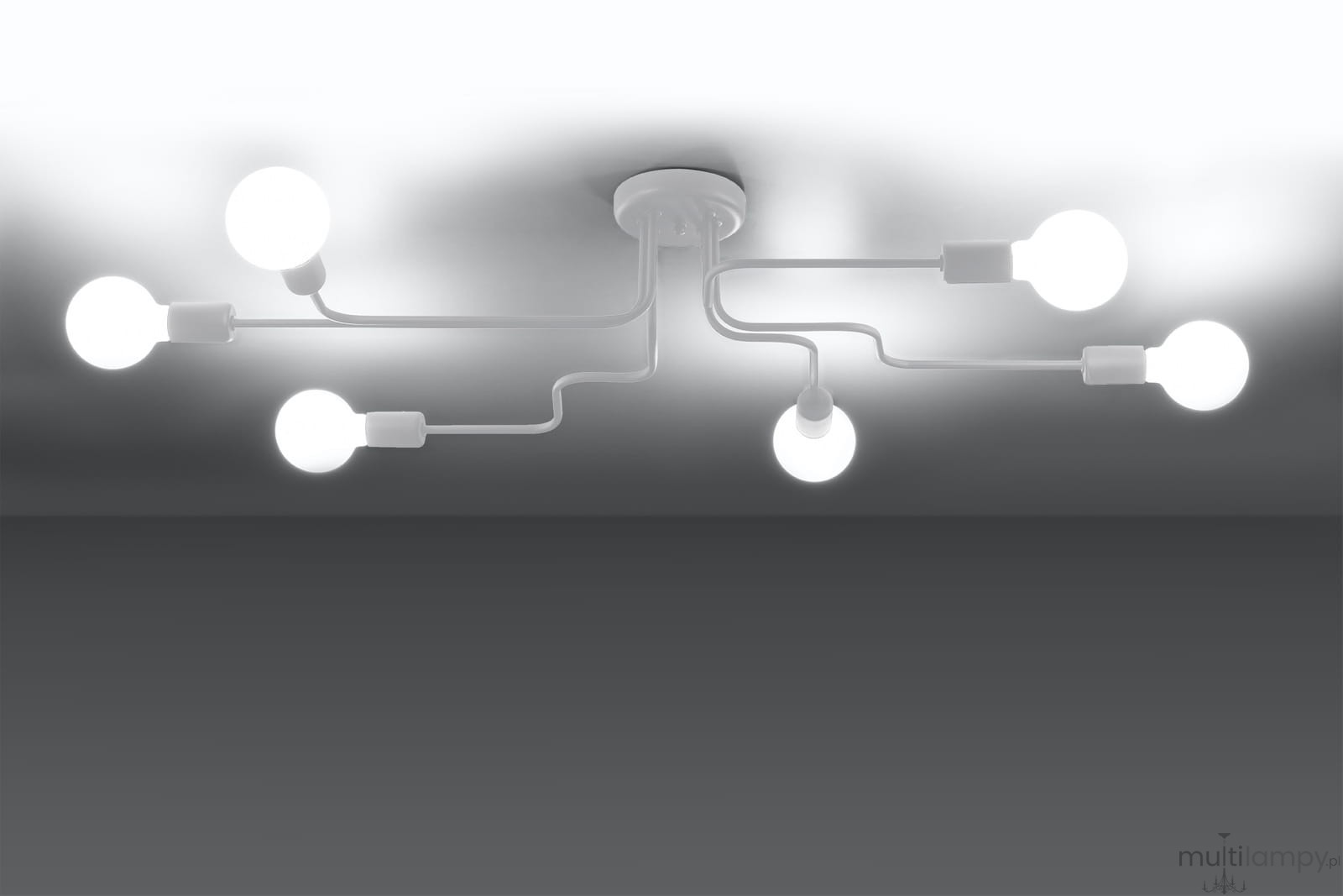 Lampa sufitowa Vector 6xE27 w kolorze białym, z sześcioma ramionami wykonanymi z białego metalu, zamontowana na okrągłej podstawie. Widok z dołu, eksponujący równomierne rozmieszczenie źródeł światła, na jasnym tle.