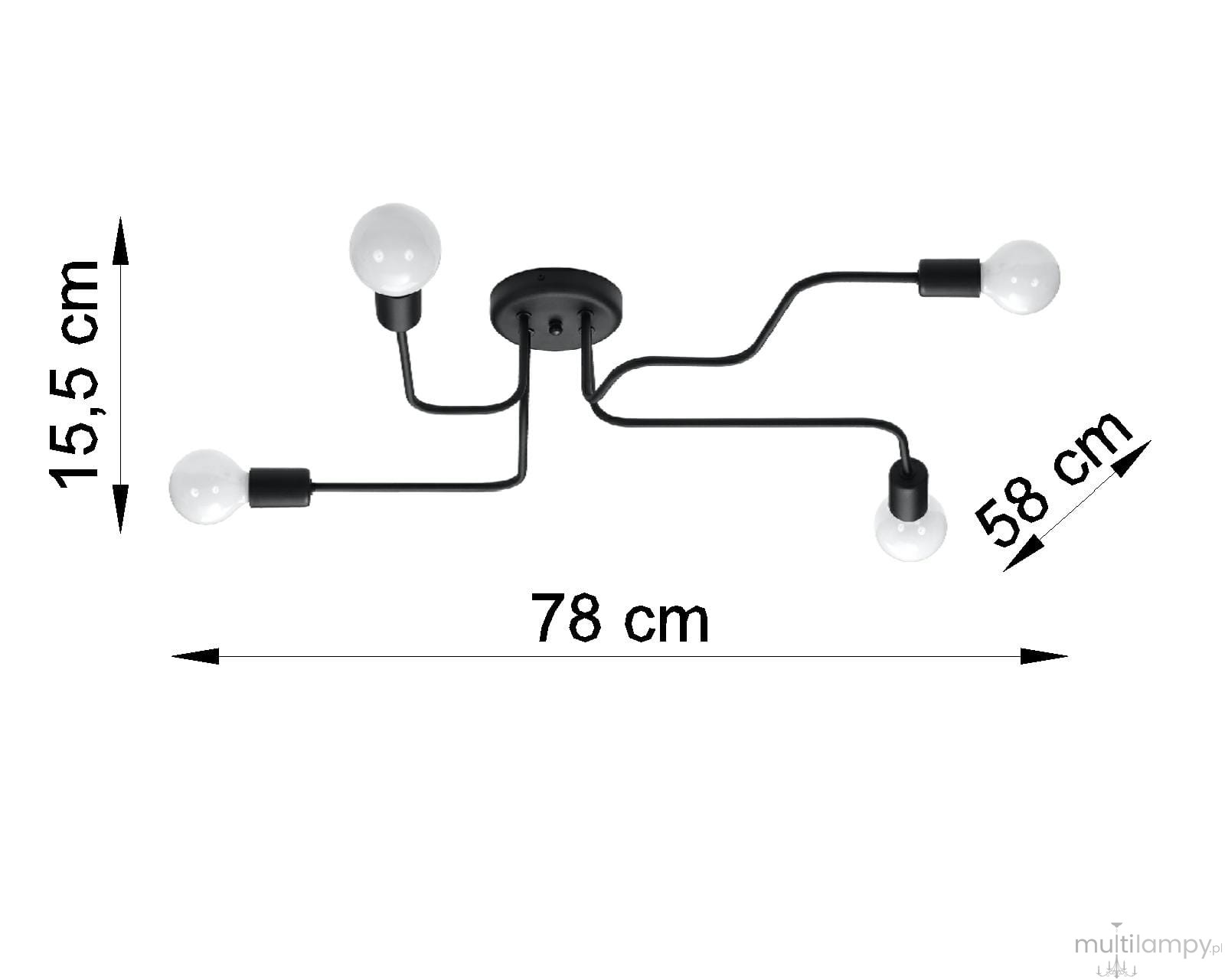Lampa sufitowa Vector 4xE27 w kolorze białym, z czterema ramionami, o wymiarach 78 cm szerokości, 58 cm wysokości i 15,5 cm głębokości. Czarne przewody prowadzą do kulistych żarówek na końcach. Idealna do nowoczesnych wnętrz.