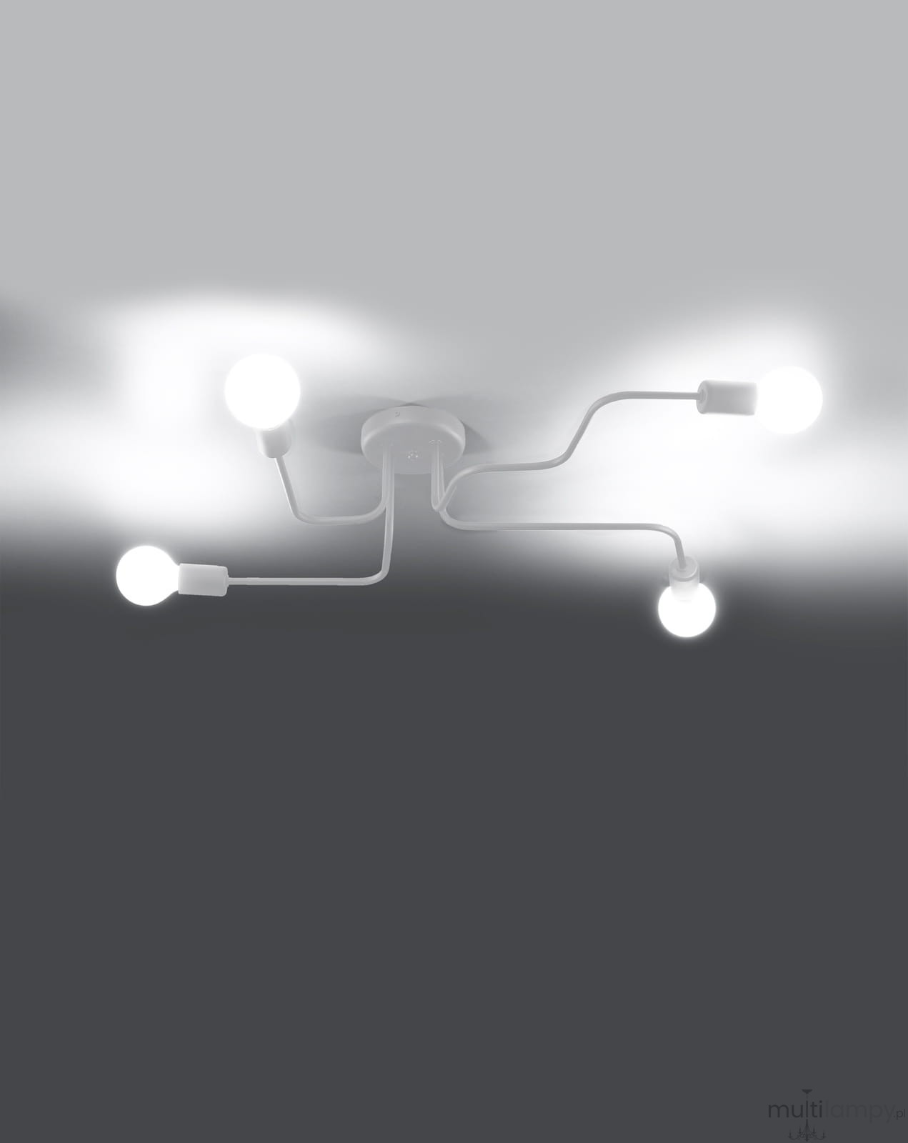 Lampa sufitowa Vector w kolorze białym, z czterema ramionami, przeznaczona na żarówki E27. Ujęcie z góry pokazuje elastyczne ramiona oraz okrągłą podstawę, z zamontowanymi źródłami światła. Tło w odcieniach szarości.