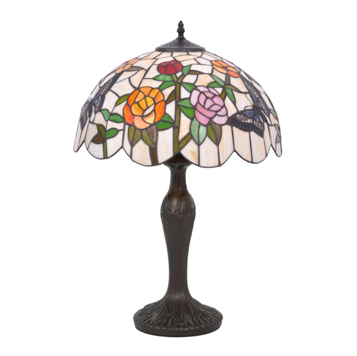 Lampa stołowa Rose z abażurem w multikolorowe wzory róż, z metalową podstawą w brązowym kolorze. Widok z boku, abażur o okrągłym kształcie, z detalami witrażowymi. Idealna do dekoracji wnętrz.