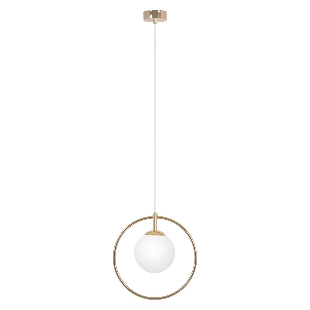 Lampa wisząca Ritus 1xE14 w kolorze złotym i białym. Okrągła konstrukcja z białą kulą z matowego szkła zawieszona na cienkim, białym przewodzie. Ażurowa oprawa z metalu w kształcie pierścienia. Ujęcie frontalne, zawieszona pod sufitem.