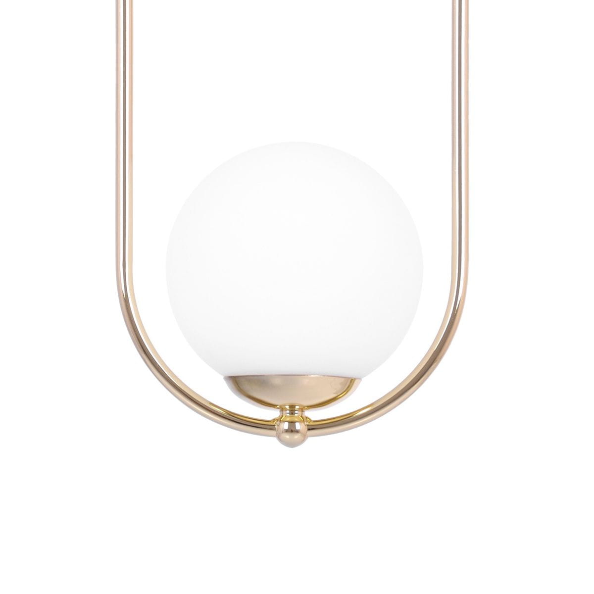 Lampa wisząca Ritus z jedną oprawą E14, w kolorze złotym i białym. Okrągła, matowa kula ze szkła umieszczona na złotej podstawie, zawieszona na dwóch cienkich metalowych rurkach. Ujęcie frontalne.