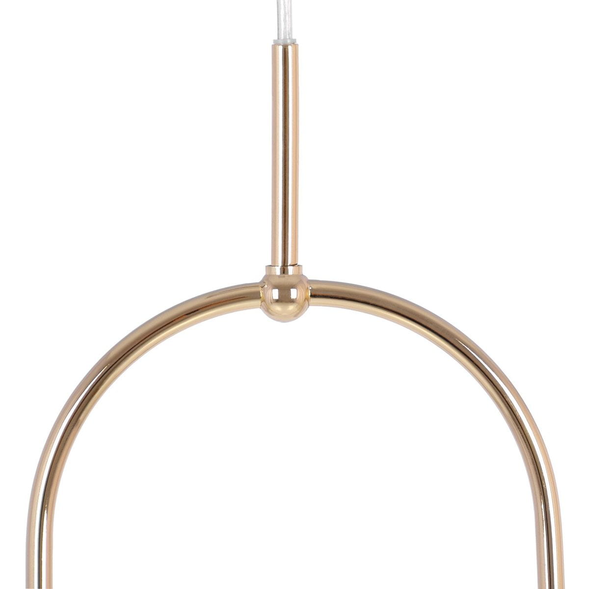 Lampa wisząca Ritus 1xE14 w złotym i białym kolorze, z elegancką, okrągłą konstrukcją. Widoczny metalowy stelaż w złotym wykończeniu, zawieszony na przezroczystym kablu. Ujęcie z góry, pokazujące detale połączenia i kształt lampy.