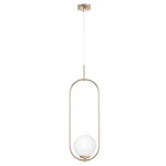 Lampa wisząca Ritus 1xE14 w kolorze złotym i białym, z okrągłym, matowym kloszem umieszczonym w eleganckiej, złotej ramie. Ujęcie frontalne, zawieszona na cienkim przewodzie, z minimalistycznym, nowoczesnym designem.