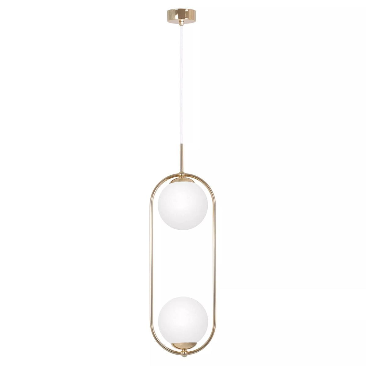 Lampa wisząca Ritus 2xE14 w kolorze złotym i białym. Posiada dwa okrągłe klosze z matowego szkła zawieszone w metalowej, złotej ramie o owalnym kształcie. Zawieszona na białym przewodzie, umieszczona w pozycji pionowej. Tło proste, białe.