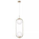 Lampa wisząca Ritus 2xE14 w kolorze złotym i białym. Posiada dwa okrągłe klosze z matowego szkła zawieszone w metalowej, złotej ramie o owalnym kształcie. Zawieszona na białym przewodzie, umieszczona w pozycji pionowej. Tło proste, białe.