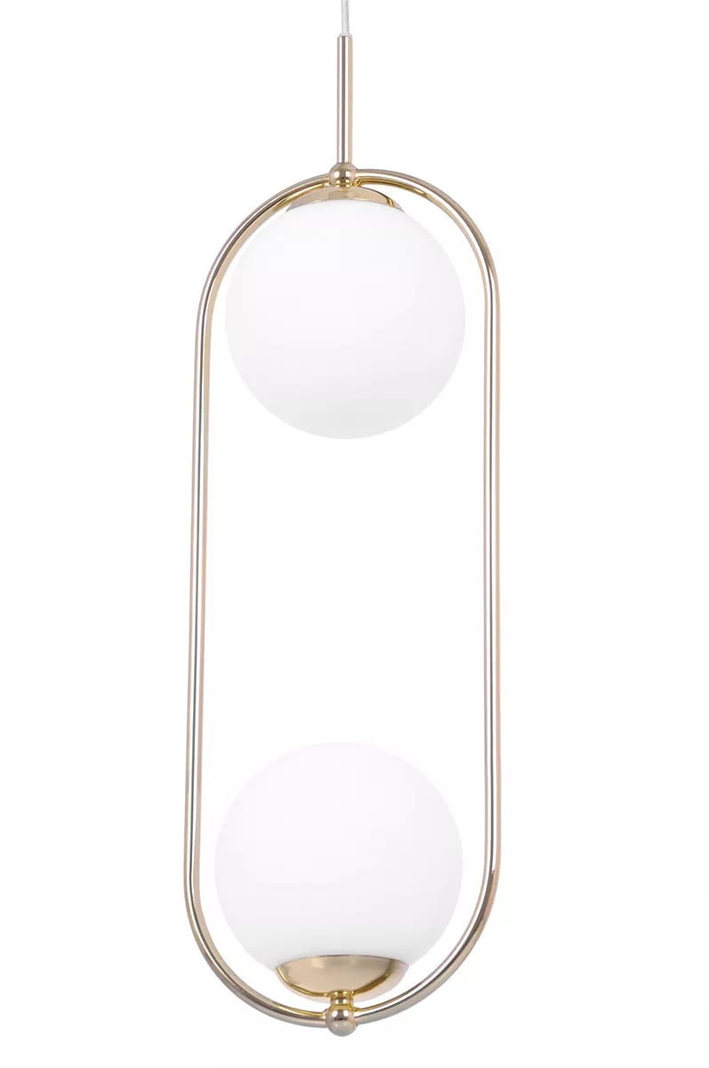 Lampa wisząca Ritus 2xE14 w kolorze złotym i białym. Posiada dwa okrągłe klosze z mlecznego szkła umieszczone w metalowej ramie. Ujęcie frontalne, lampa zwisa na cienkim przewodzie. Idealna do nowoczesnych wnętrz.