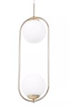 Lampa wisząca Ritus 2xE14 w kolorze złotym i białym. Posiada dwa okrągłe klosze z mlecznego szkła umieszczone w metalowej ramie. Ujęcie frontalne, lampa zwisa na cienkim przewodzie. Idealna do nowoczesnych wnętrz.