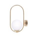 Kinkiet Ritus 1xE14 w kolorze złotym i białym. Metalowa oprawa w kształcie owalnym z białym, okrągłym kloszem. Zamontowany na ścianie, z wyraźnie widocznym mocowaniem. Elegancki design, idealny do nowoczesnych wnętrz.