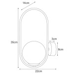Kinkiet Ritus 1xE14 w kolorze złotym i białym, o wymiarach 35 cm wysokości, 22 cm szerokości i 14 cm głębokości. Owalna obudowa z okrągłym elementem, montaż ścienny, minimalistyczny design. Wysokość mocowania 8 cm.
