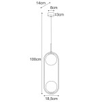 Lampa wisząca Sven 2xE14 w kolorze złotym i bursztynowym. Owalny kształt z dwoma oprawami, zawieszona na cienkim przewodzie o długości 100 cm. Wymiary: 14 cm wysokości, 18,5 cm szerokości, 8 cm średnicy mocowania.