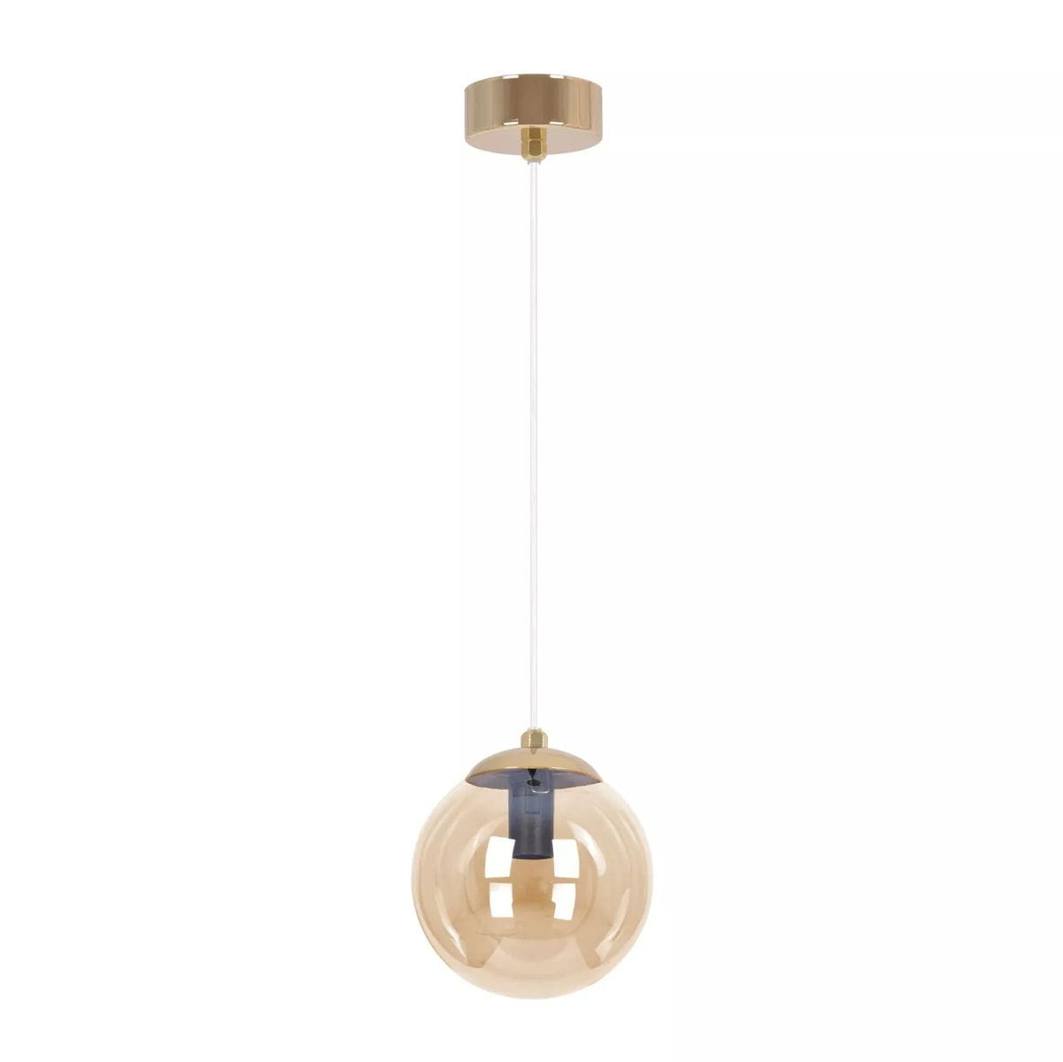 Lampa wisząca Grand 1xE14 w kolorze złotym i bursztynowym, z przezroczystym kloszem w kształcie kuli. Zawieszona na cienkim przewodzie, z metalowym mocowaniem sufitowym. Idealna do nowoczesnych wnętrz.