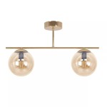 Lampa sufitowa Grand z dwoma kloszami w złotym wykończeniu i bursztynowymi szklanymi kulami. Produkt zawieszony na prostym, metalowym stelażu, z widocznymi oprawkami E14. Ujęcie frontalne, na jednolitym tle.