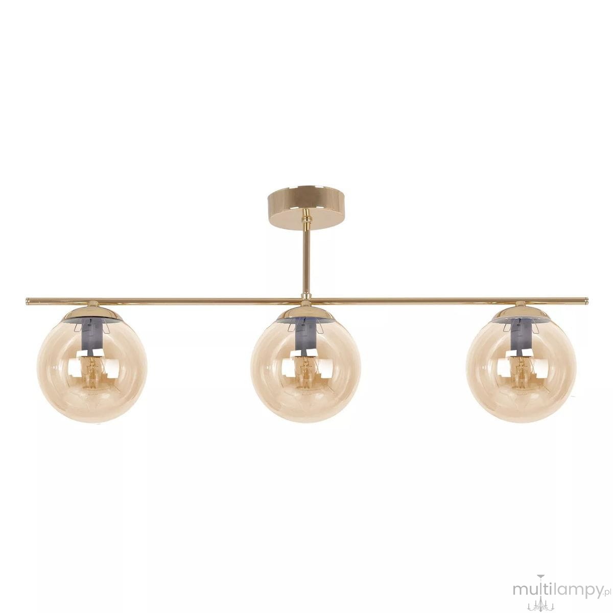 Lampa sufitowa Grand z trzema kloszami E14 w kolorze złotym i bursztynowym. Klosze mają okrągły kształt i transparentną fakturę, zawieszone na metalowej konstrukcji. Zamontowana na okrągłym stelażu, zapewnia nowoczesne oświetlenie.