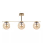 Lampa sufitowa Grand z trzema kloszami E14 w kolorze złotym i bursztynowym. Klosze mają okrągły kształt i transparentną fakturę, zawieszone na metalowej konstrukcji. Zamontowana na okrągłym stelażu, zapewnia nowoczesne oświetlenie.