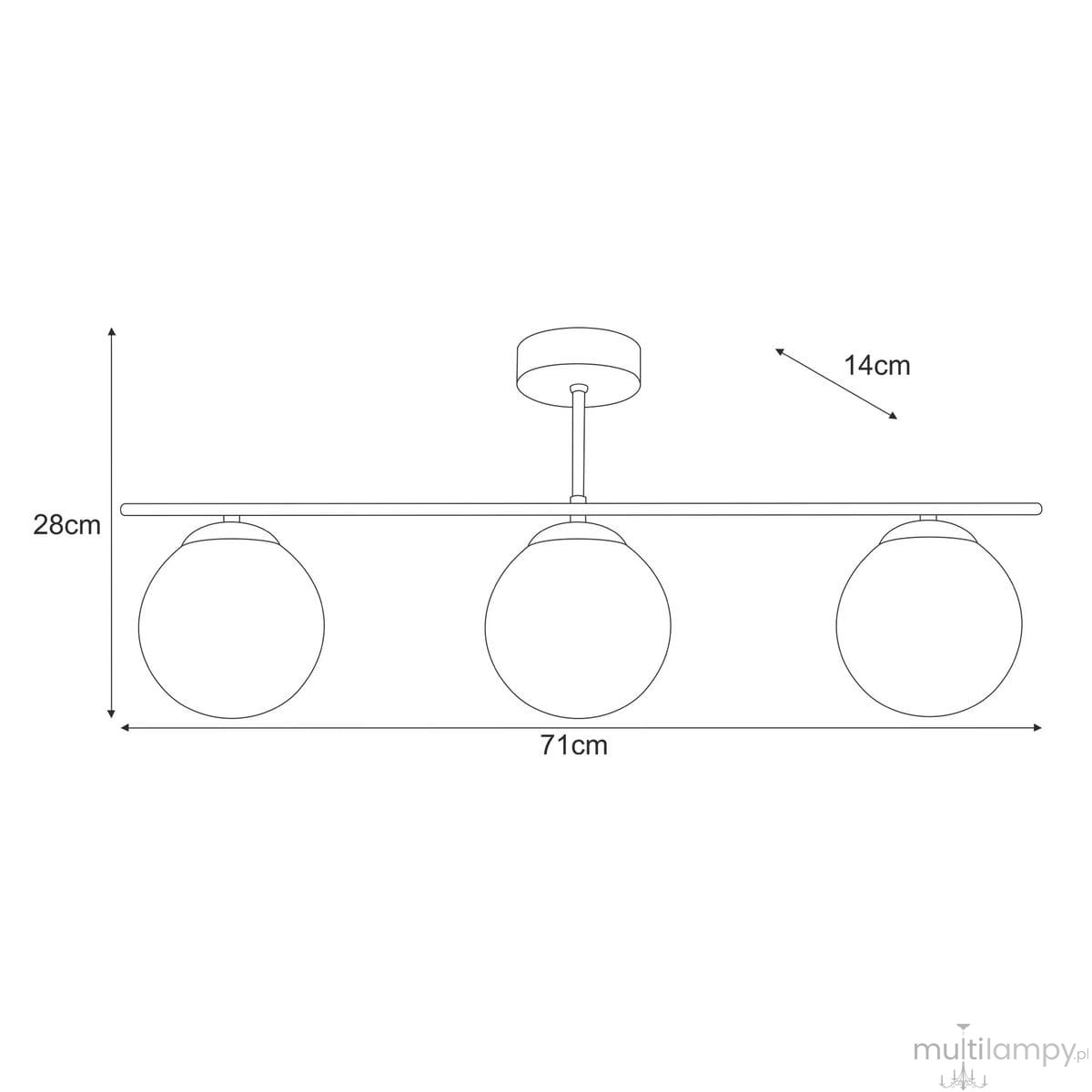 Lampa sufitowa Grand z trzema kloszami E14 w kolorze złotym i bursztynowym. Wymiary: długość 71 cm, wysokość 28 cm, średnica klosza 14 cm. Ułożona poziomo, idealna do nowoczesnych wnętrz.