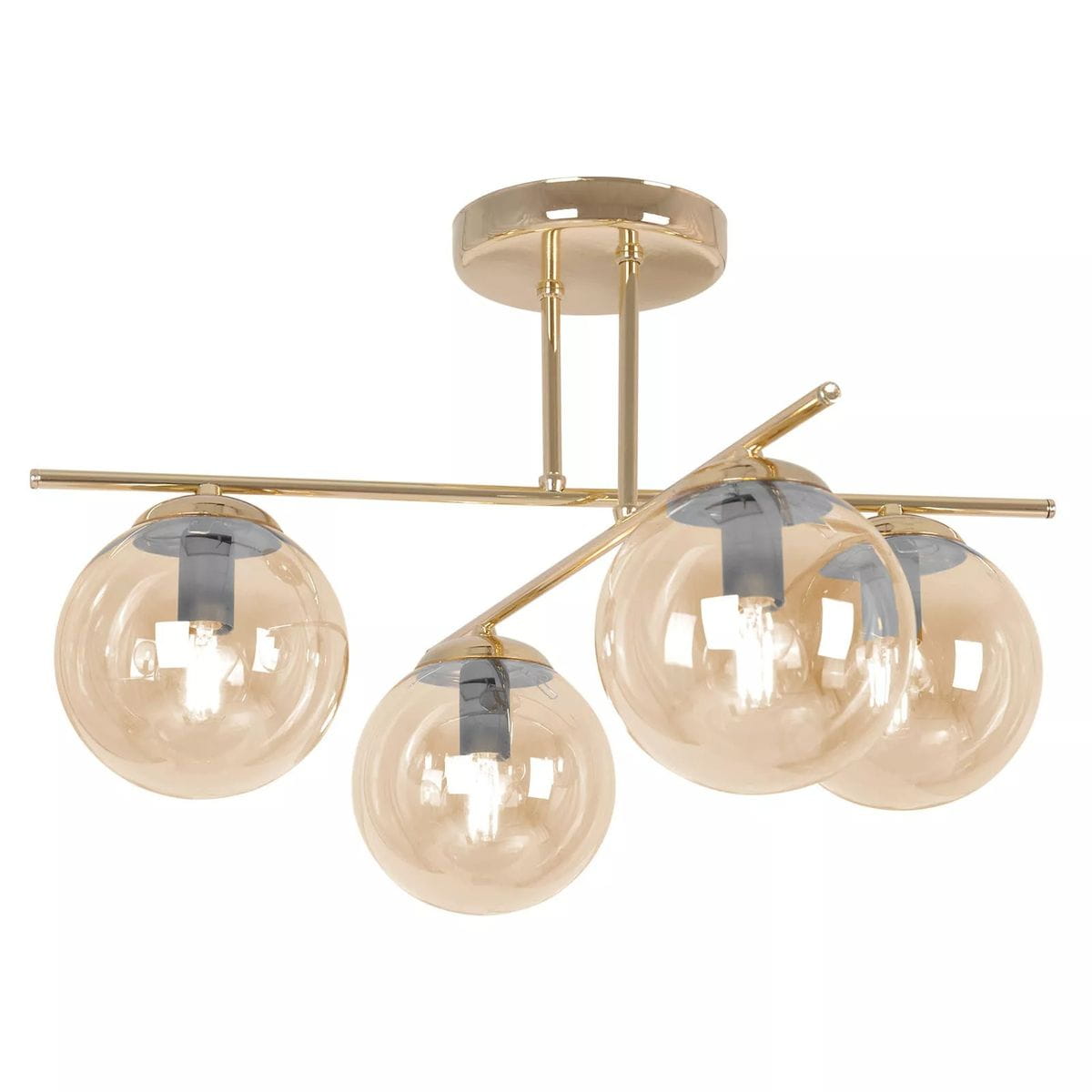 Lampa sufitowa Grand w kolorze złotym i bursztynowym z czterema kulistymi kloszami. Metalowa konstrukcja z widocznymi detalami i szklanymi, transparentnymi kloszami. Ujęcie z boku, ukazujące nowoczesny design i układ lampy.
