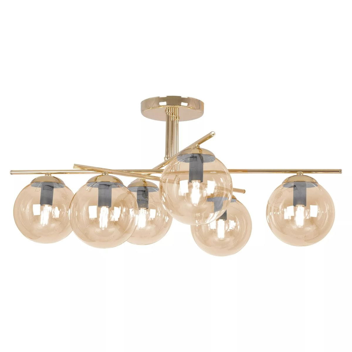Lampa sufitowa Grand z sześcioma kloszami E14 w złotym wykończeniu, z bursztynowymi, przezroczystymi kulami. Produkt zamontowany na metalowej konstrukcji, prezentowany z góry, z dekoracyjnymi detalami.