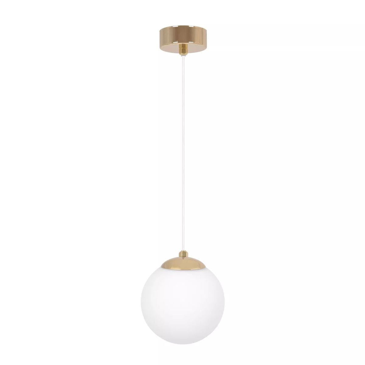 Lampa wisząca Rea z jedną oprawą E14, złote wykończenie na górze, biała kula ze szkła na dolnej części, zawieszona na cienkim przewodzie. Ujęcie frontalne, na białym tle.