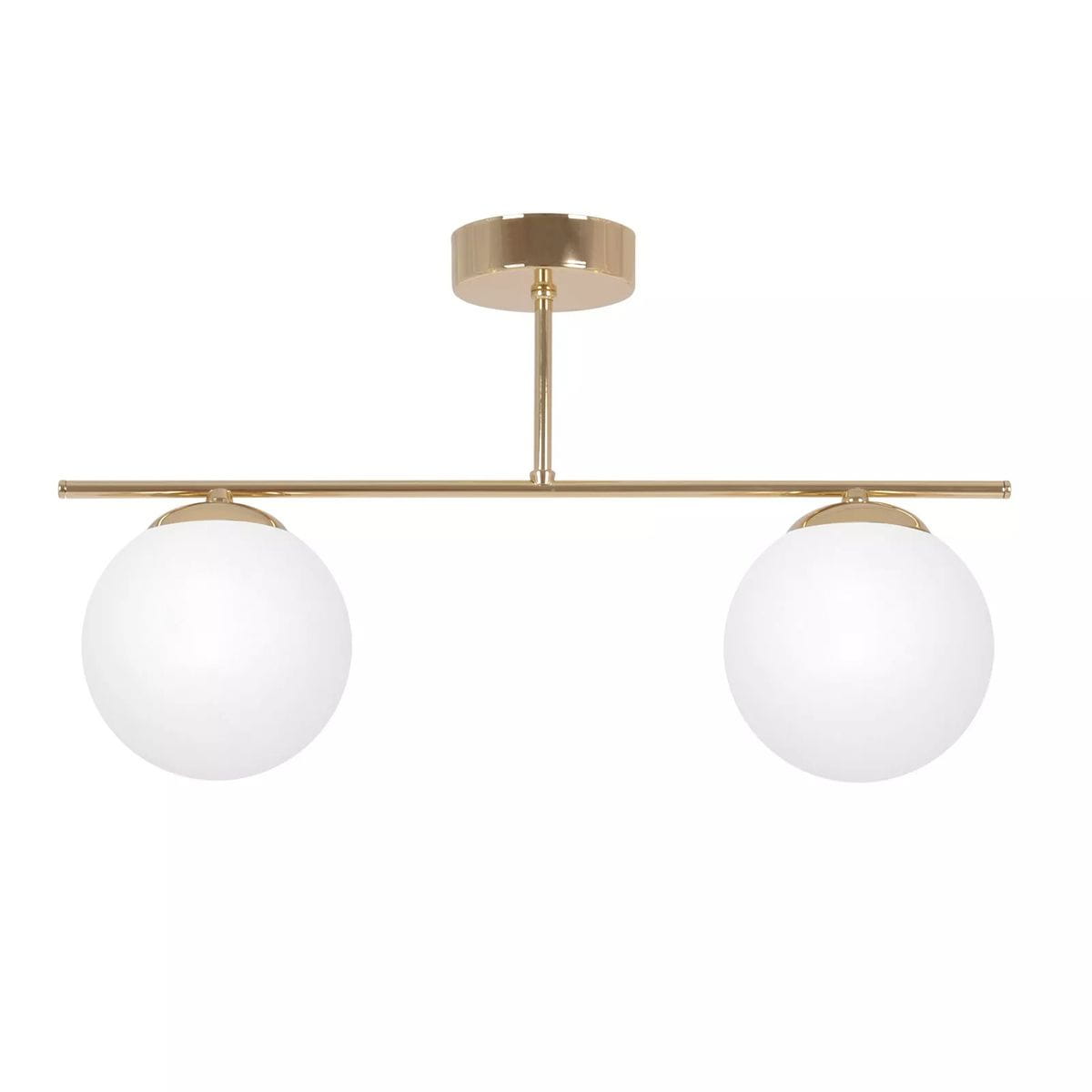 Lampa sufitowa Rea z dwoma kulistymi kloszami w białym kolorze, zawieszona na złotej metalowej konstrukcji. Ujęcie frontalne, ukazujące elegancki design i położenie na suficie. Wymiary kloszy są istotne dla aranżacji wnętrza.