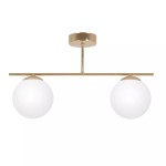 Lampa sufitowa Rea z dwoma kulistymi kloszami w białym kolorze, zawieszona na złotej metalowej konstrukcji. Ujęcie frontalne, ukazujące elegancki design i położenie na suficie. Wymiary kloszy są istotne dla aranżacji wnętrza.