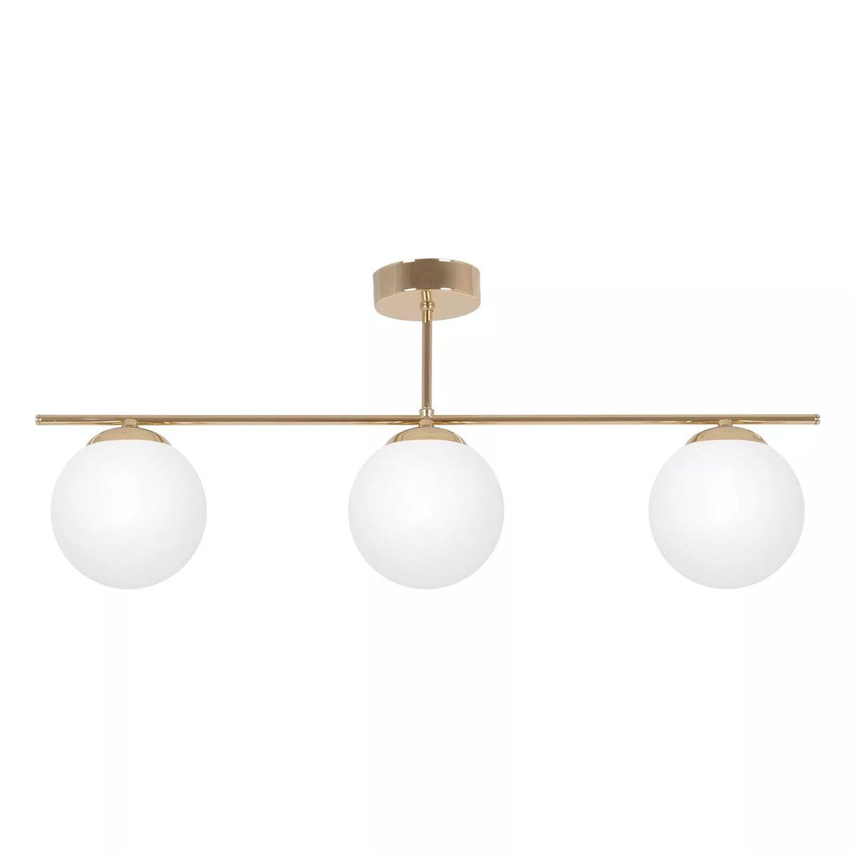 Lampa sufitowa Rea z trzema oprawami E14, w złotym kolorze z metalowym stelażem i białymi, okrągłymi kloszami. Produkt zawieszony na prostym, poziomym ramieniu, idealny do nowoczesnych wnętrz.
