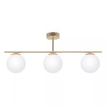 Lampa sufitowa Rea z trzema oprawami E14, w złotym kolorze z metalowym stelażem i białymi, okrągłymi kloszami. Produkt zawieszony na prostym, poziomym ramieniu, idealny do nowoczesnych wnętrz.