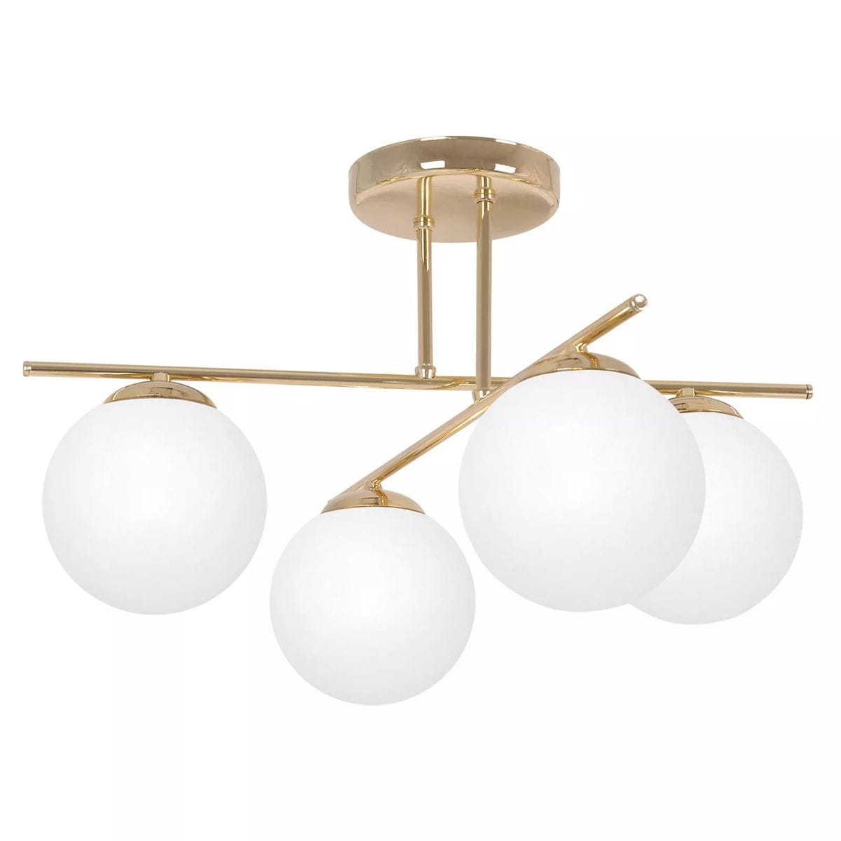 Lampa sufitowa Rea z czterema oprawami E14, w kolorze złotym i białym. Składa się z metalowej konstrukcji z prostymi ramionami oraz czterech białych, okrągłych kloszy. Ujęcie z góry, produkt zamontowany na suficie.