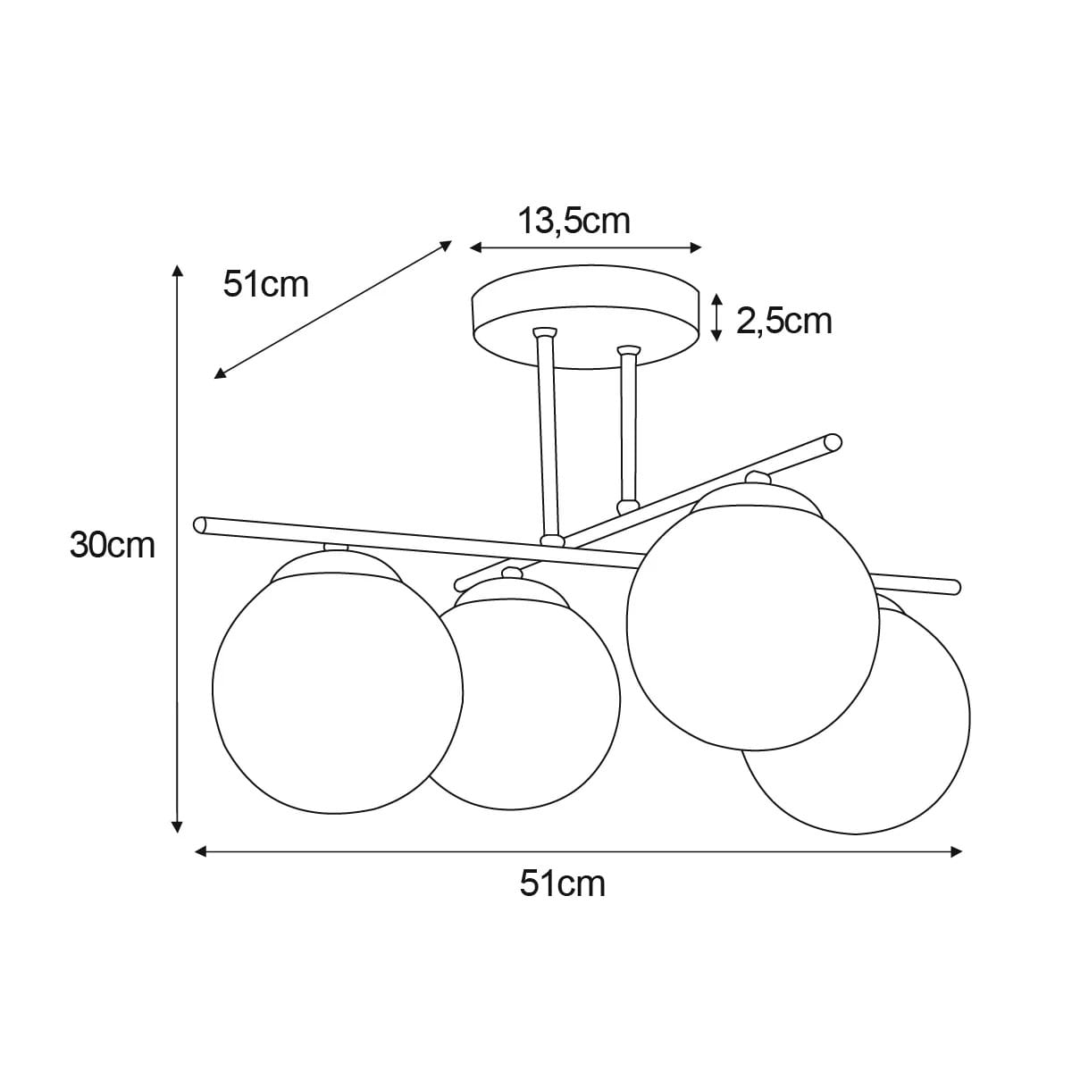Lampa sufitowa Rea z czterema punktami świetlnymi E14 w kolorze złotym i białym. Okrągłe klosze, umieszczone na prostokątnej podstawie, wymiary: 51 cm szerokości, 30 cm wysokości, 51 cm długości, 2,5 cm grubości. Idealna do nowoczesnych wnętrz.