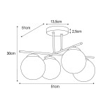 Lampa sufitowa Rea z czterema punktami świetlnymi E14 w kolorze złotym i białym. Okrągłe klosze, umieszczone na prostokątnej podstawie, wymiary: 51 cm szerokości, 30 cm wysokości, 51 cm długości, 2,5 cm grubości. Idealna do nowoczesnych wnętrz.