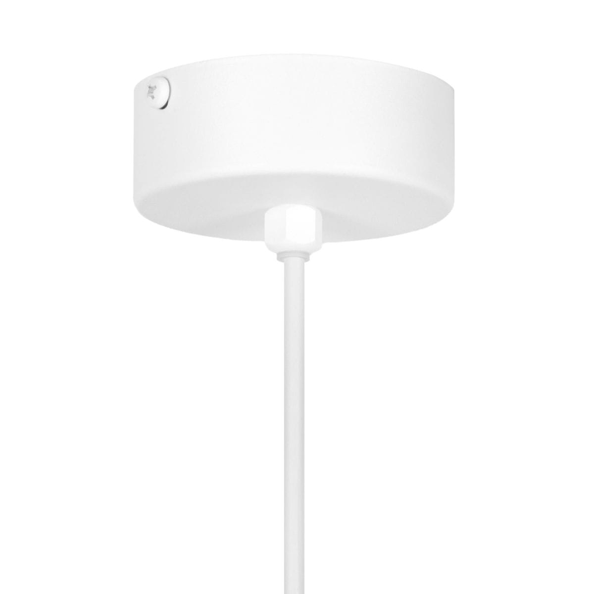 Lampa wisząca Robin D18 w kolorze białym z oprawą na jedną żarówkę G9. Posiada okrągły sufitowy klosz i cienki, prosty kabel. Ujęcie z dołu, pokazujące detale montażowe. Idealna do nowoczesnych wnętrz.