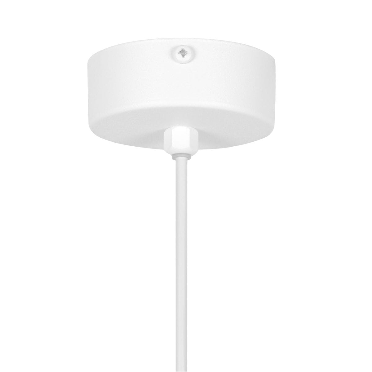 Lampa wisząca Robin D25 z białym, okrągłym kloszem i cienkim zawieszeniem. Widoczna oprawka na żarówkę G9. Produkt zamontowany na suficie, z wyraźnym mocowaniem i minimalistycznym designem.